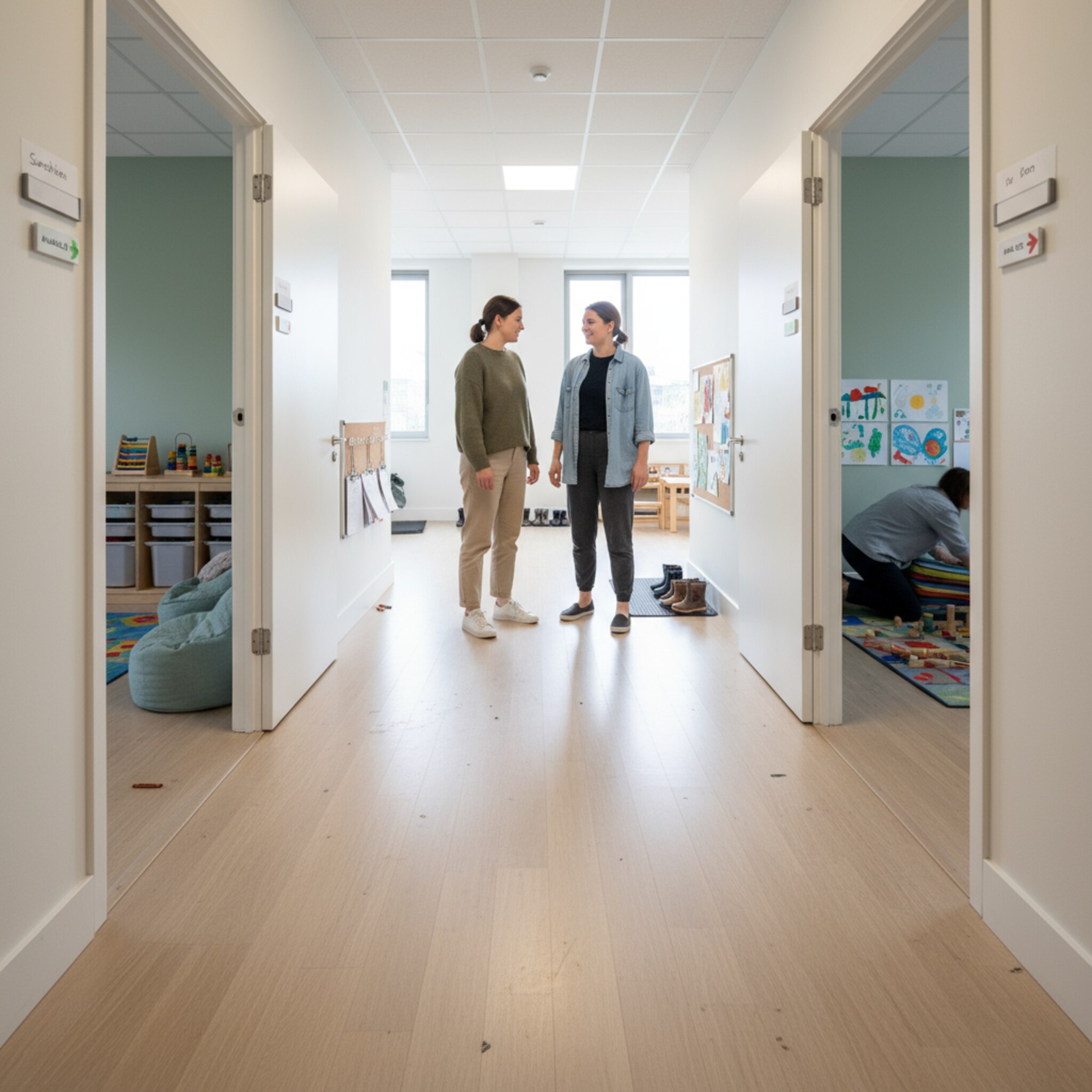 Weitwinkelblick auf mehrere Kita-Räume mit Türschildern und sichtbarer Belegung, ein Raum frei, ein Raum aktiv genutzt, Betreuer wechseln Gruppen, natürliche Szene