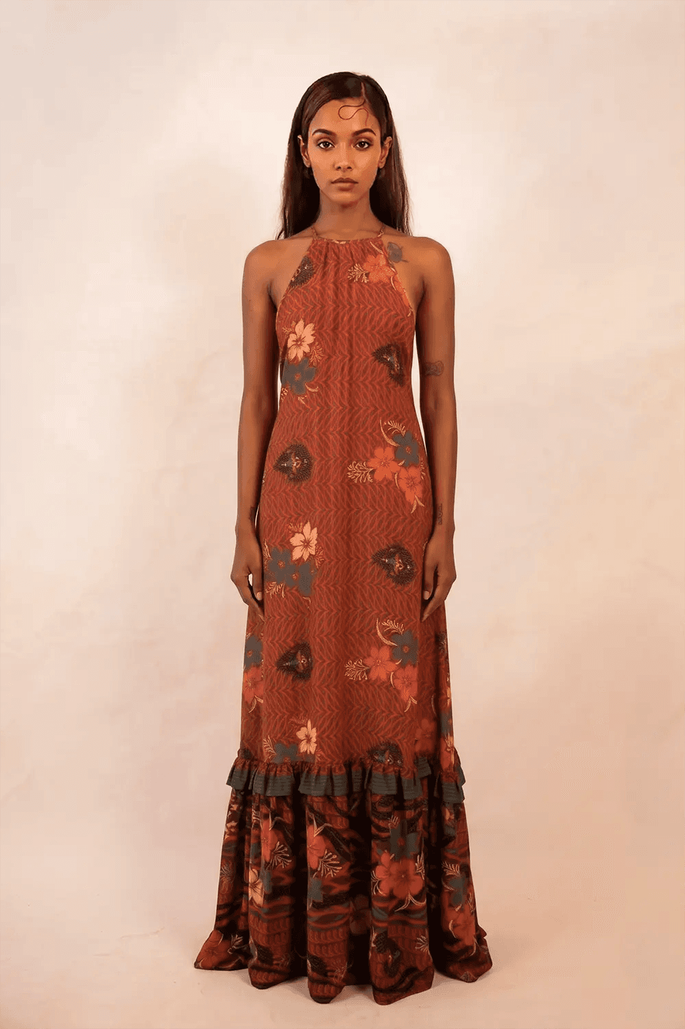 Rust printed silk halter neck backless dress handcrafted from a vintage sari, featuring a delicate lace-up back and versatile fit.