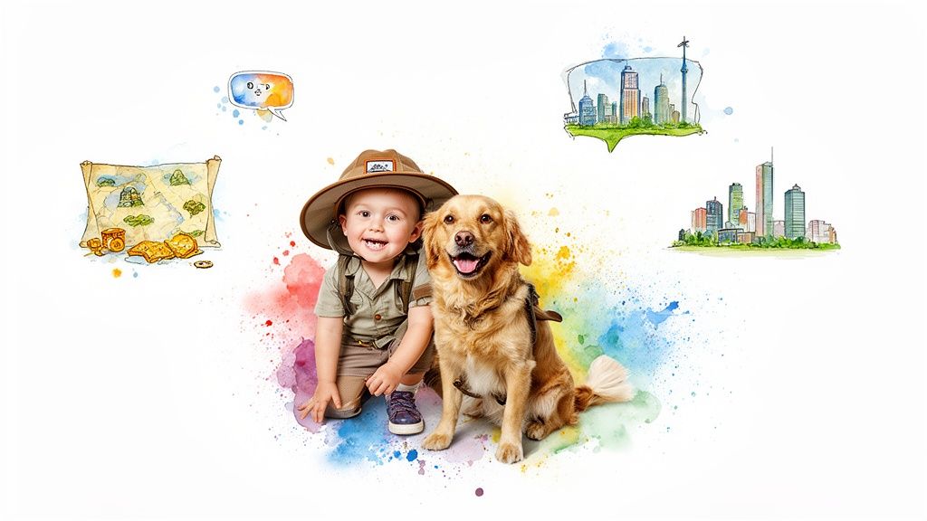 A happy toddler in a safari hat and a golden retriever, surrounded by colorful watercolor travel illustrations.
