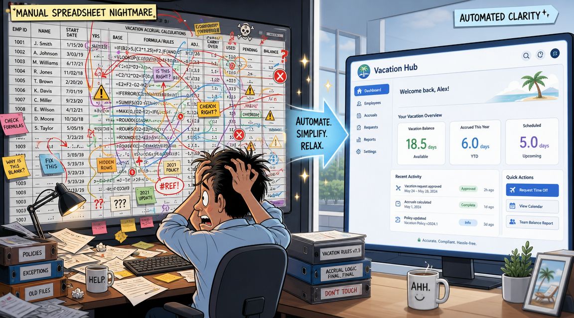 A split screen comparing a chaotic, stressful manual spreadsheet for vacation tracking with an automated, user-friendly digital dashboard.