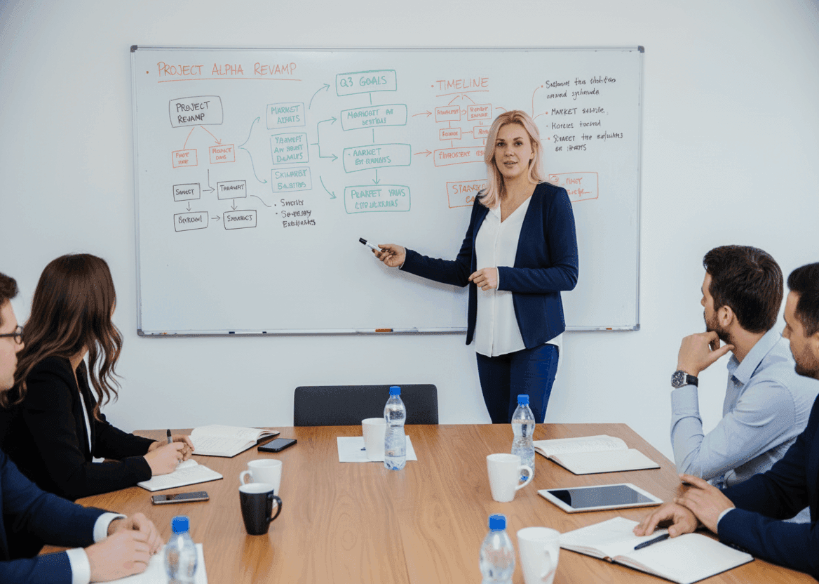 Beraterin präsentiert HR-Strategie-Framework dem Team während einer Employer-Branding-Planungssitzung