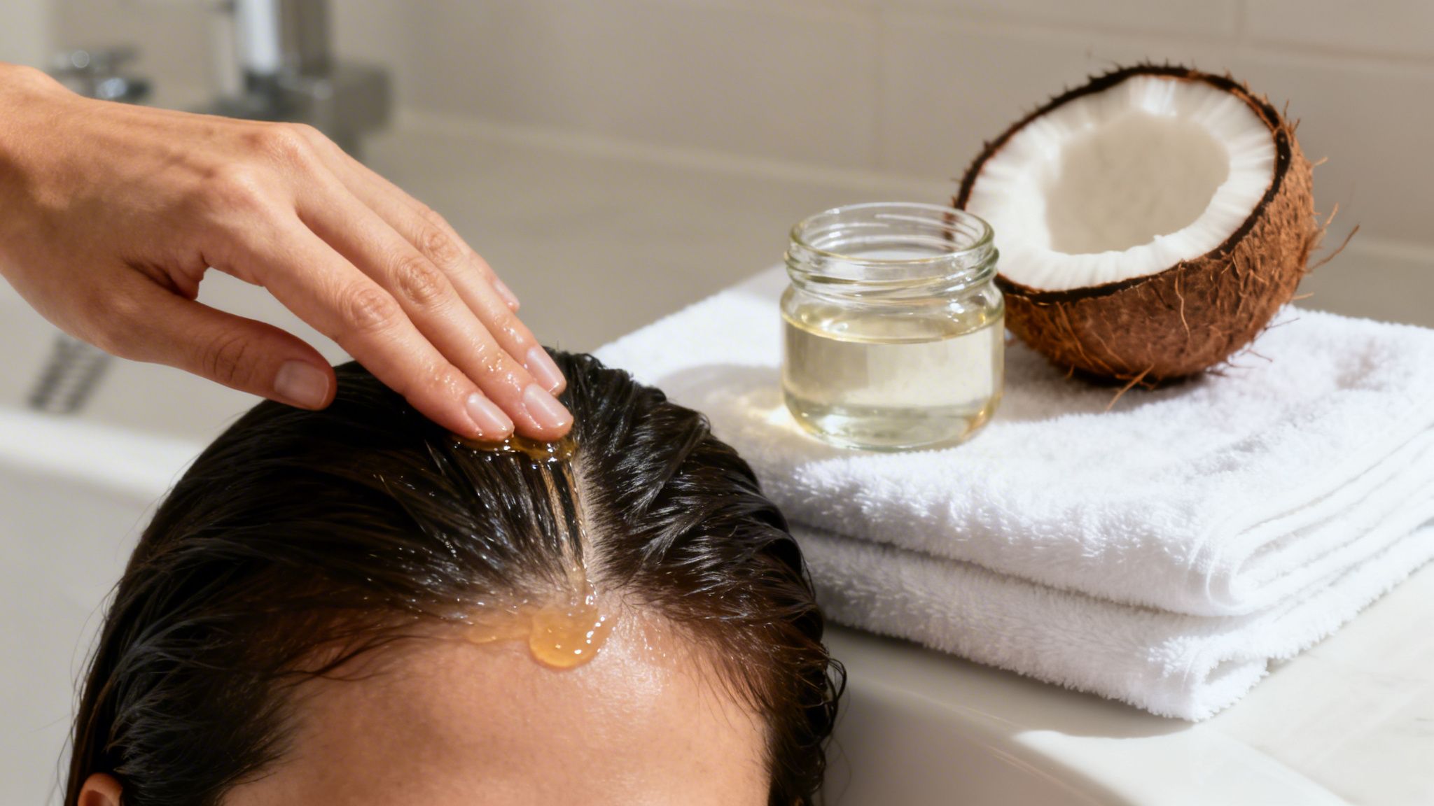 A hand applies a golden oil to a person's dark hair and scalp, with coconut oil and a coconut nearby.