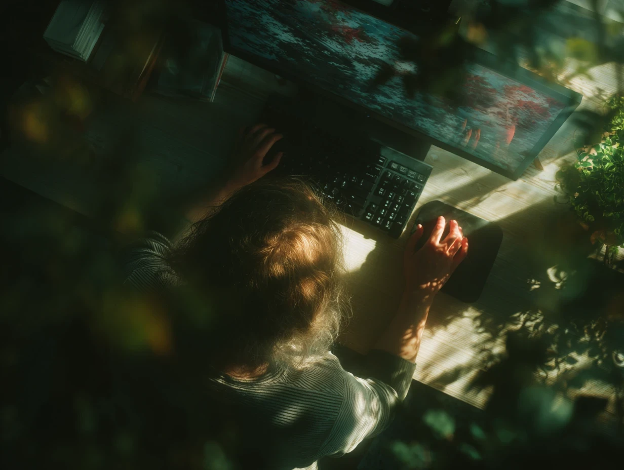 Nadina working in front of glowing monitor in an overhead angle