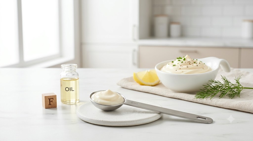 A precisely portioned 5mL measuring teaspoon of creamy mayonnaise on a white coaster. To the left, a bottle labeled 'OIL' and a wooden block with the letter 'F' are visible, along with lemon and a bowl of mayonnaise in the bright, modern kitchen background.