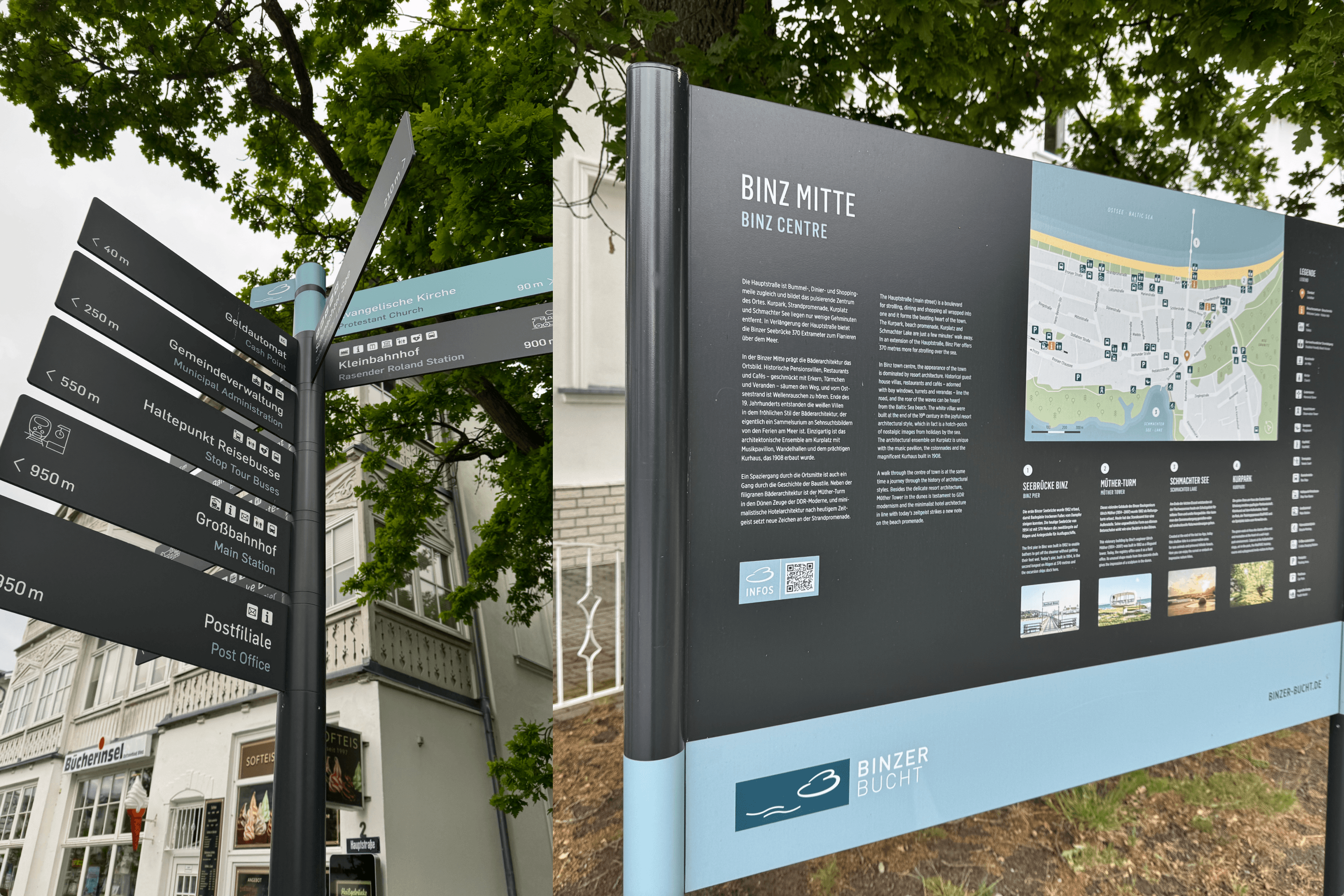 Directional signs and Binz Centre map.