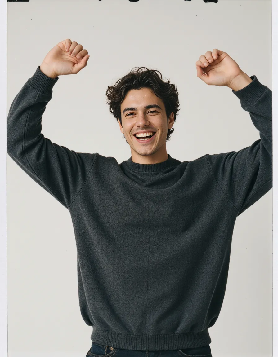 Person in dark gray sweatshirt with arms raised in celebration against minimal white background, expressing joyful energy