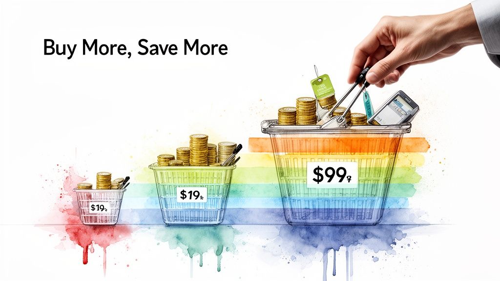 Increasingly larger shopping baskets with coins and items demonstrate tiered savings discounts.
