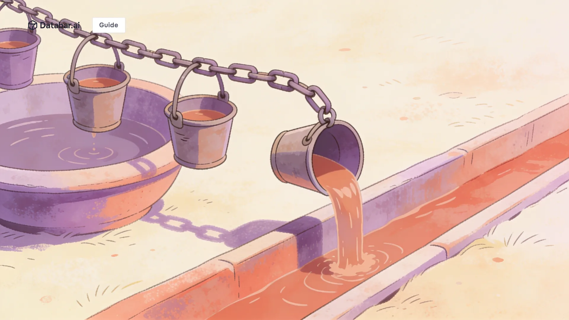 Illustration of a continuous chain of buckets dipping into a basin and tipping into a trough — Step-by-Step Guide to Fully Automated CRM Enrichment