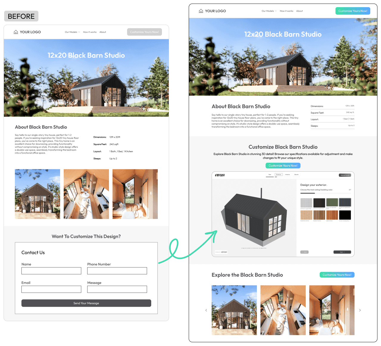 A before and after image that shows a website before implementing a 3D sales configurator and after, which can boost sales and engagement.