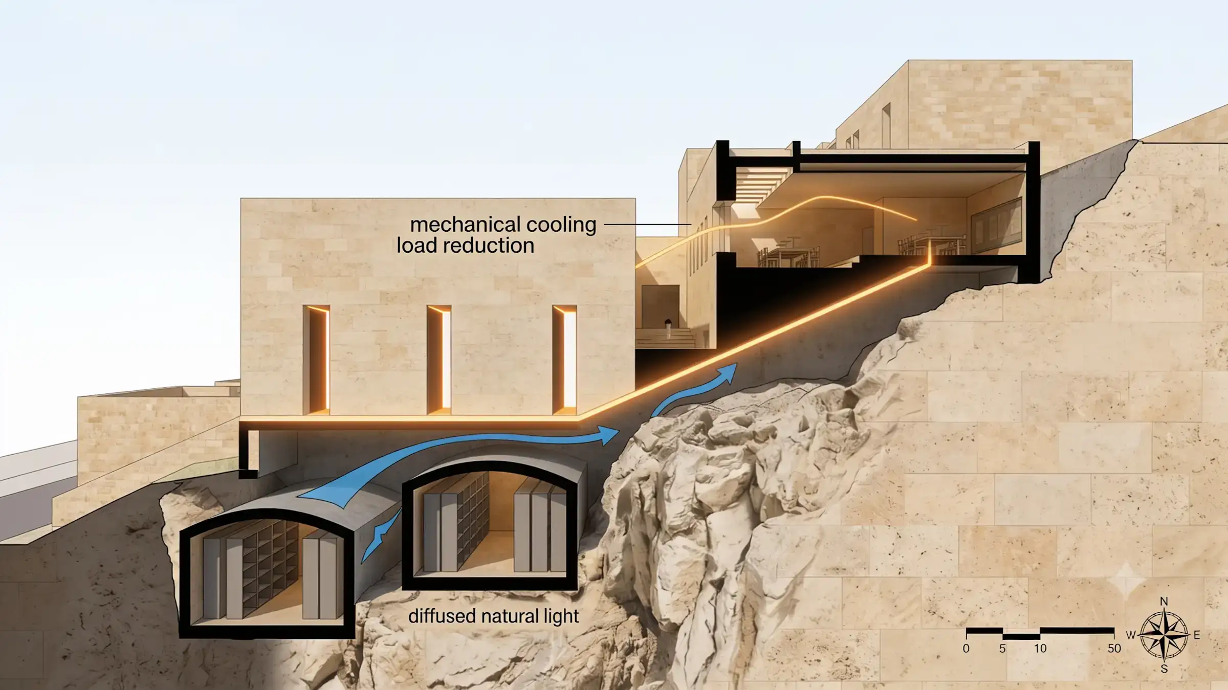 Hillside cross-section diagram of the Levant Cultural Archive, technical blueprint style, revealing underground preservation vaults, terraced levels, and coastal soil layers.