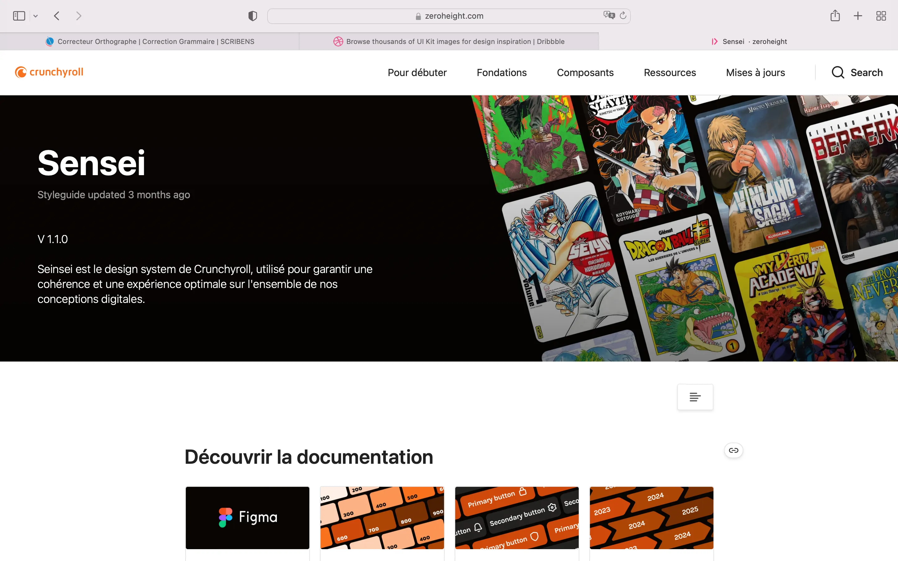 Page d'accueil du design system de Crunchyroll, permettant une redirection vers différentes pages