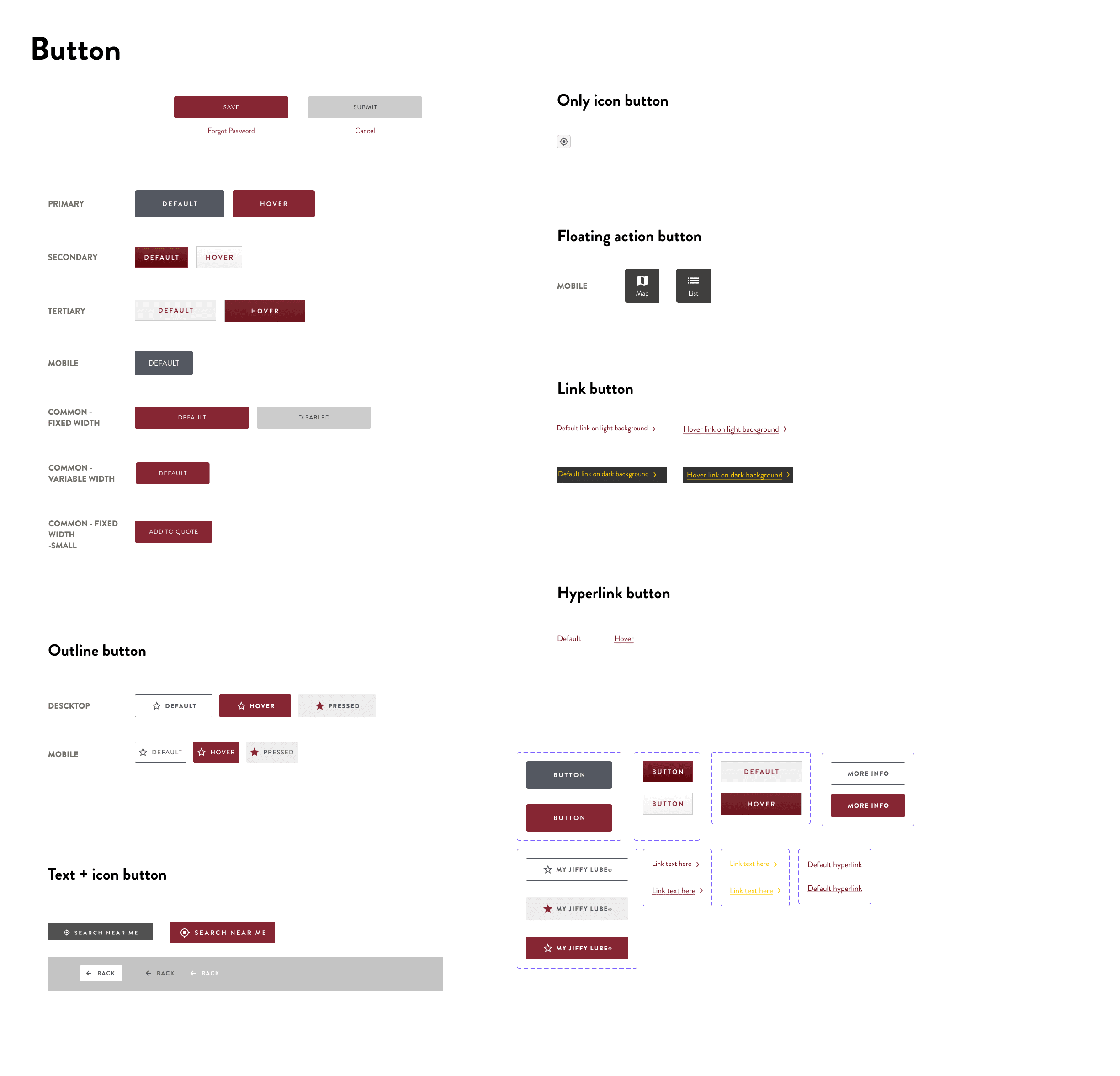 Audit of inconsistent button styles collected from the previous Jiffy Lube website.