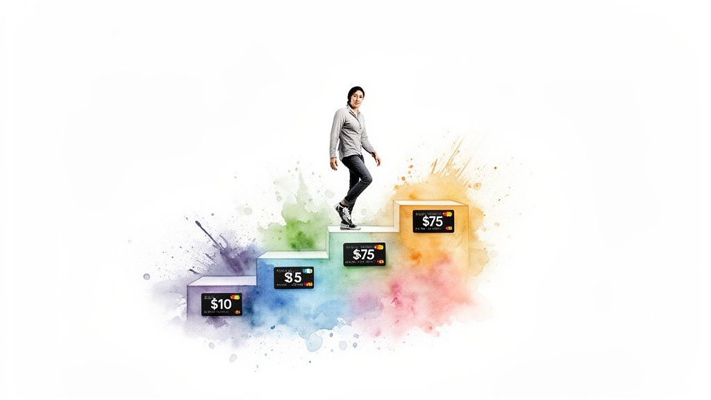 A woman walks up steps representing a referral program with increasing dollar rewards.