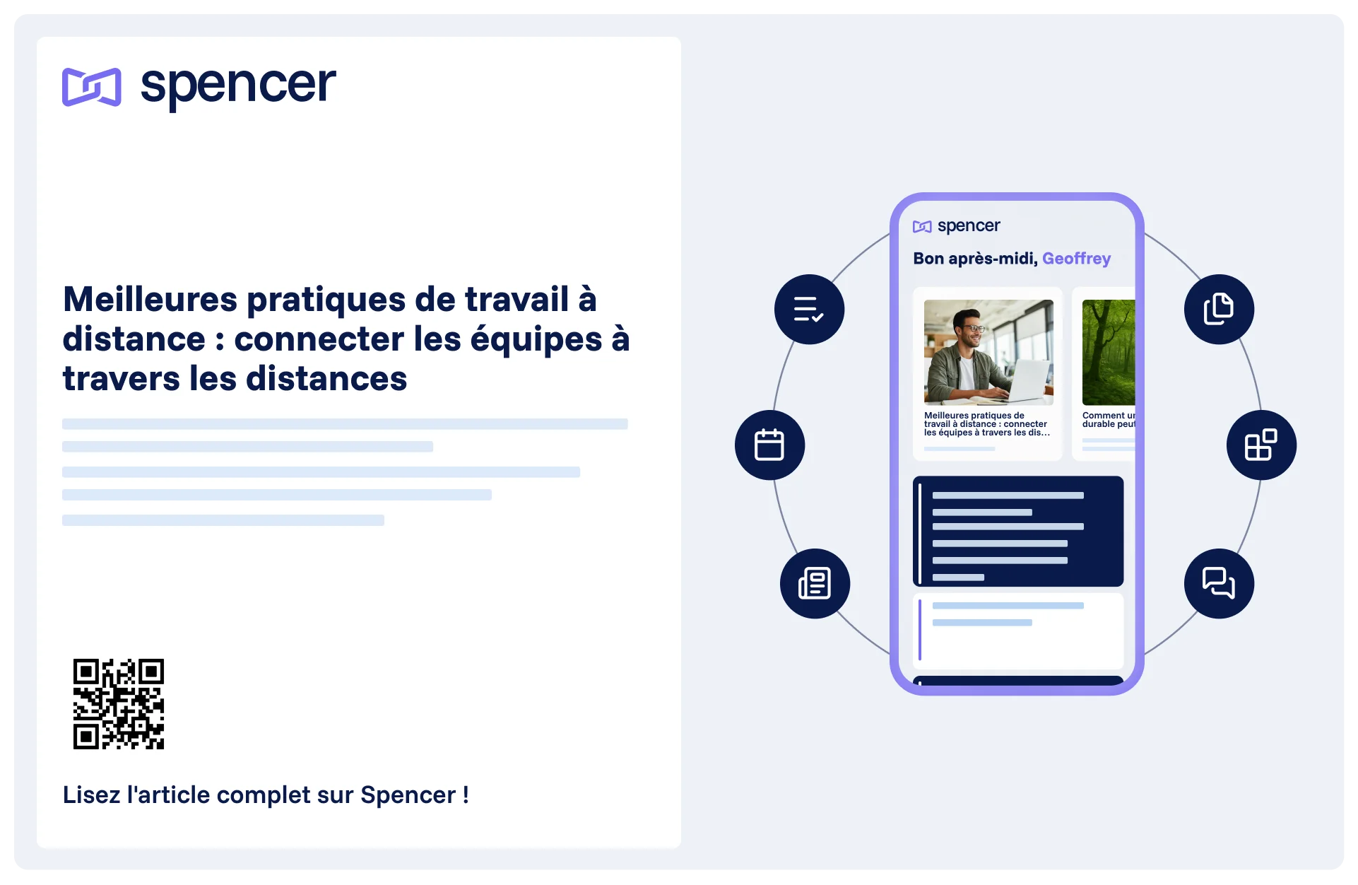Affichage d’un article Spencer sur écran digital avec code QR et aperçu mobile pour la diffusion de contenu interne