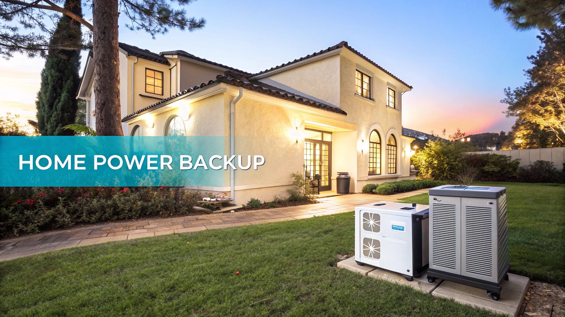 a large home with the lights on and a home standby generator in the front yard