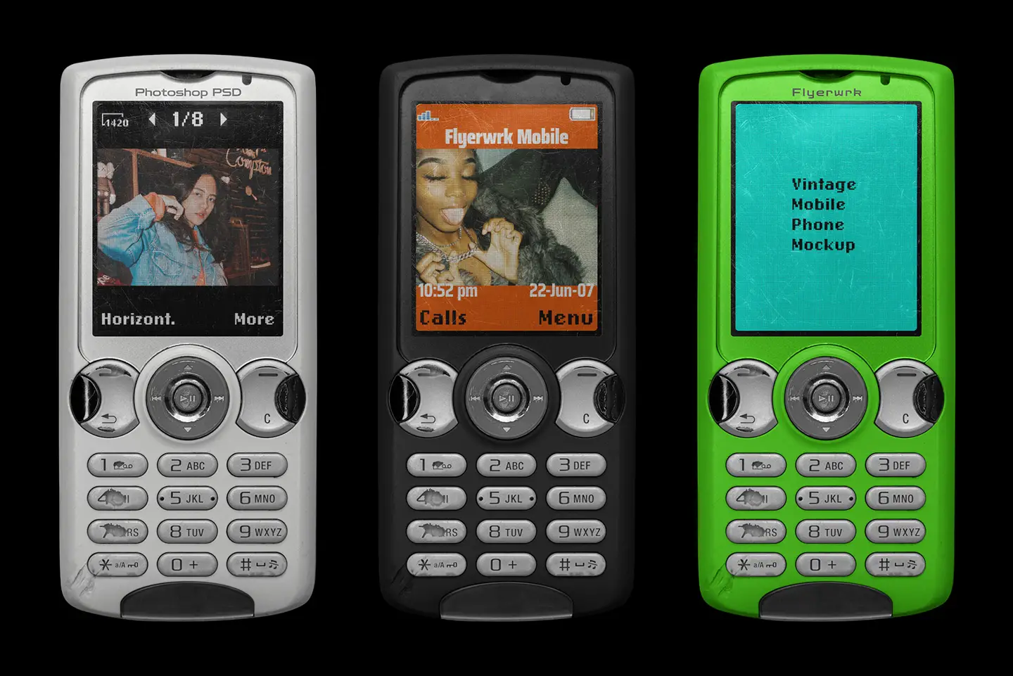 Vintage mobile phone mockup showing classic candybar phone with customizable screen designs