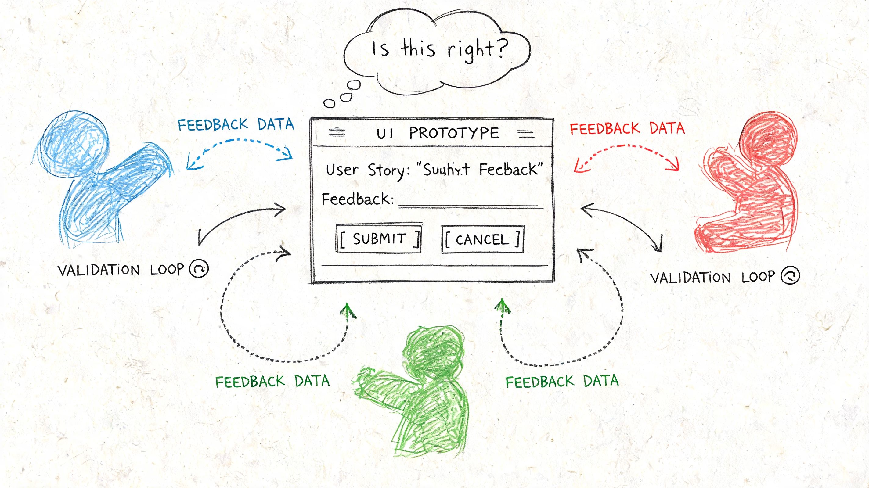 A hand-drawn diagram illustrating a UI prototype undergoing validation loops with multiple users providing feedback data.