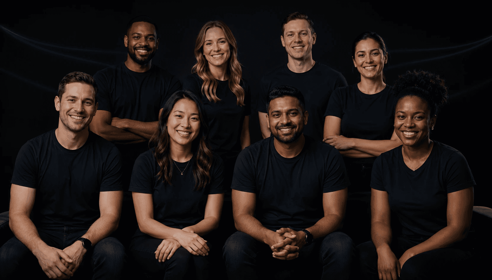 A diverse group of eight empoyees of D&A solutions, casually dressed in black shirts, smiles warmly while posing against a dark background, conveying a sense of unity and teamwork.