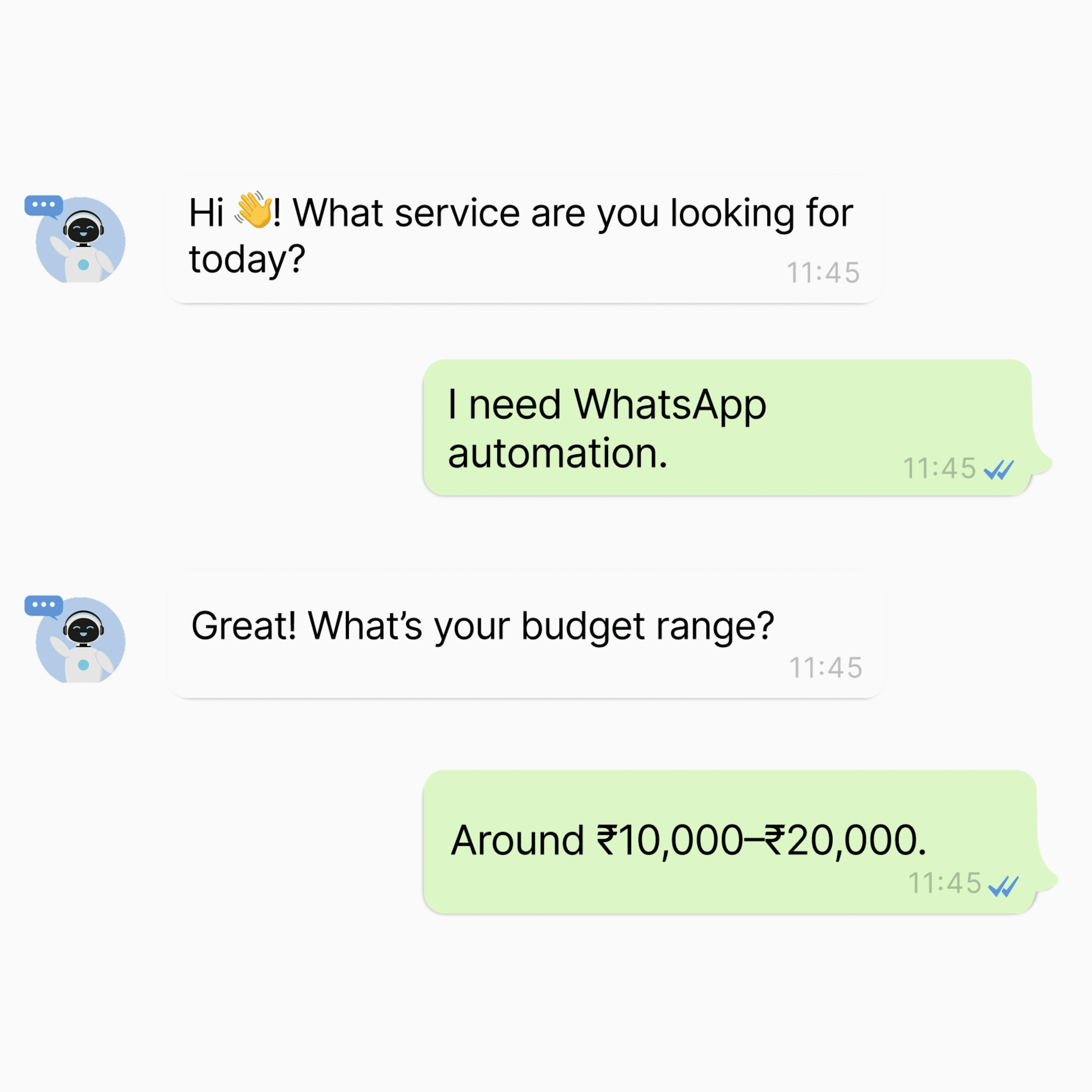 WhatsApp AI agent example qualifying leads with relevant questions.