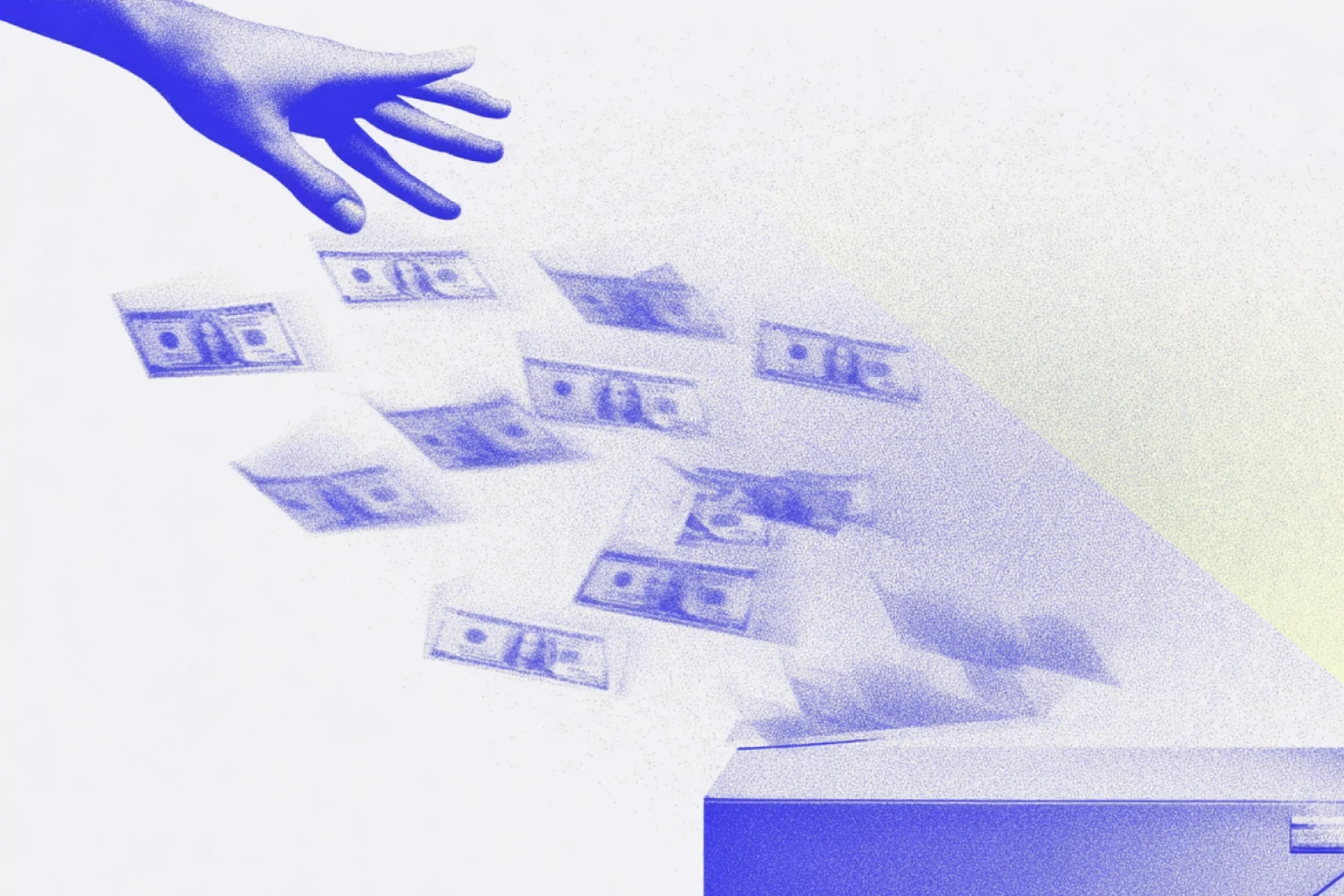 A stylized image shows a hand reaching out to grab floating dollar bills that appear to be drifting toward a computer keyboard, illustrating concepts of digital payment and finance.