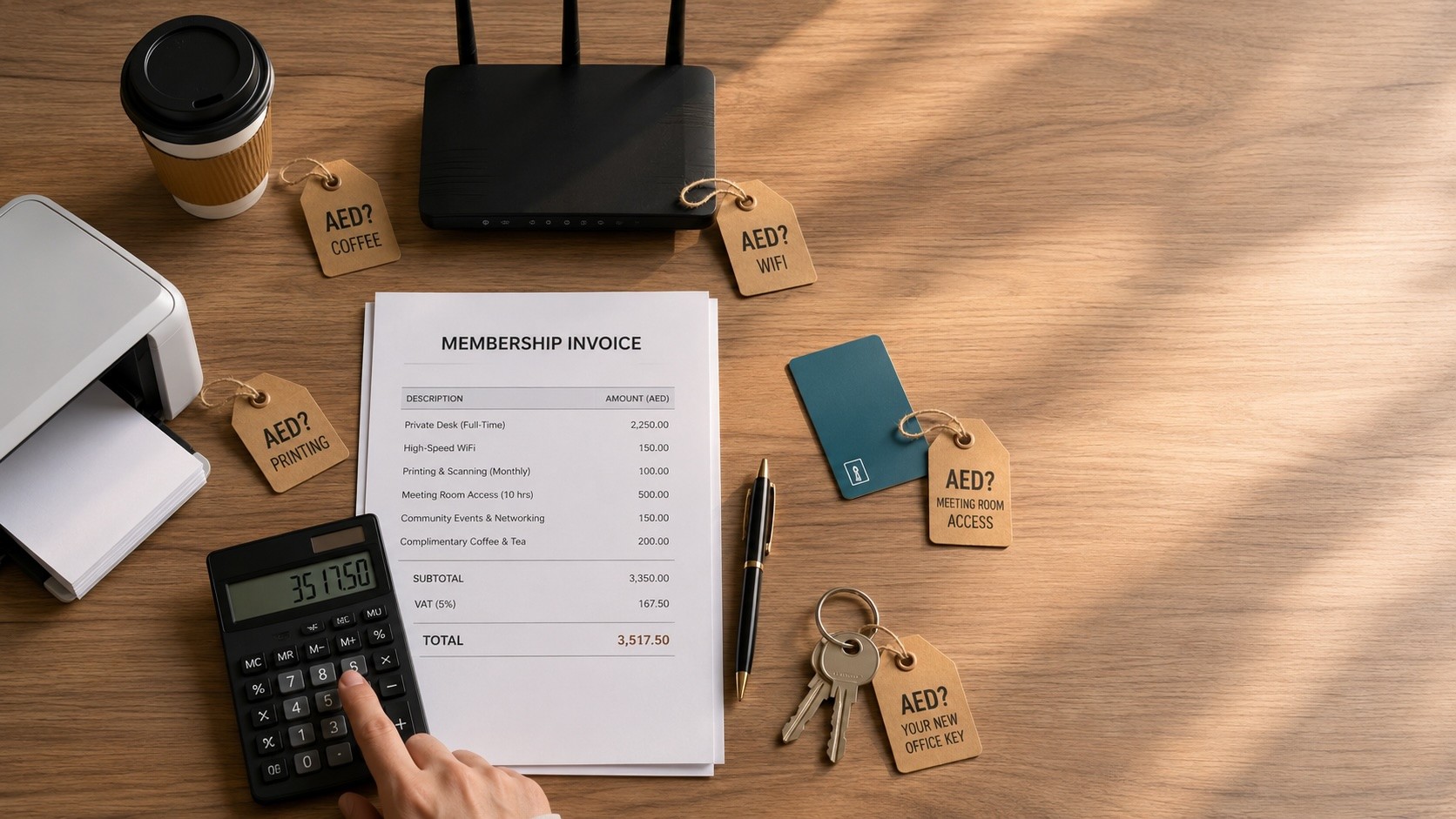Dubai coworking desk with price tags revealing hidden costs and what's included in a membership