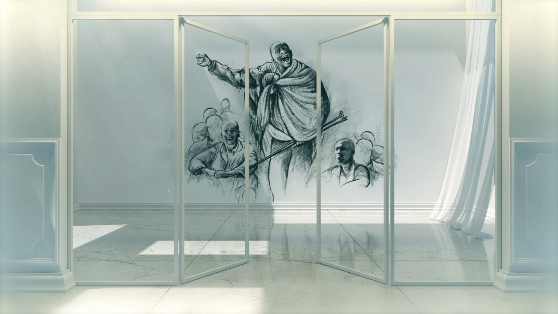 Interior rendered scene with portraits and illustrations on the wall