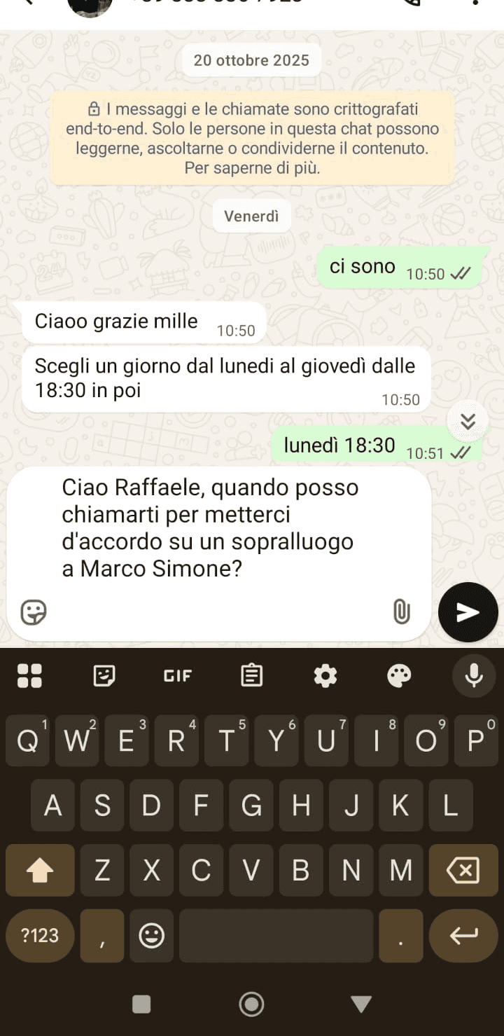 screen whatsapp di raffaele con nuovo cliente che chiede incontro