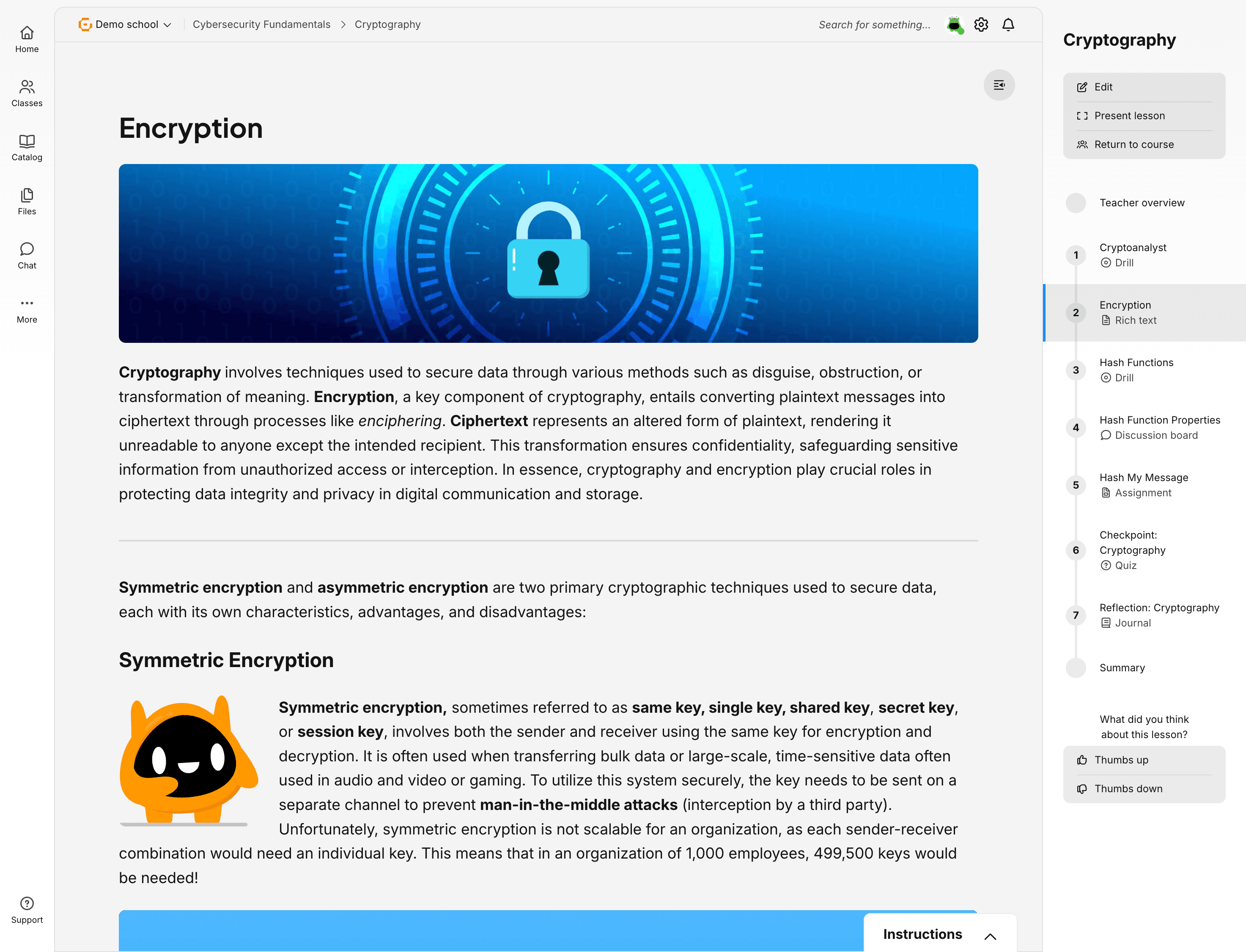 A screenshot of the Gameplan dashboard displayed in a web browser. At the top center is a large featured banner with a 3D character image promoting a course or certification. Below it is a weekly calendar view showing scheduled lessons with thumbnail images and progress indicators. A left sidebar contains navigation icons for sections like classes, library, files, and chat, while a right sidebar includes a “Get started” checklist, quick links, and a list of items awaiting grading. The layout is clean and modern, with light backgrounds and organized content panels.