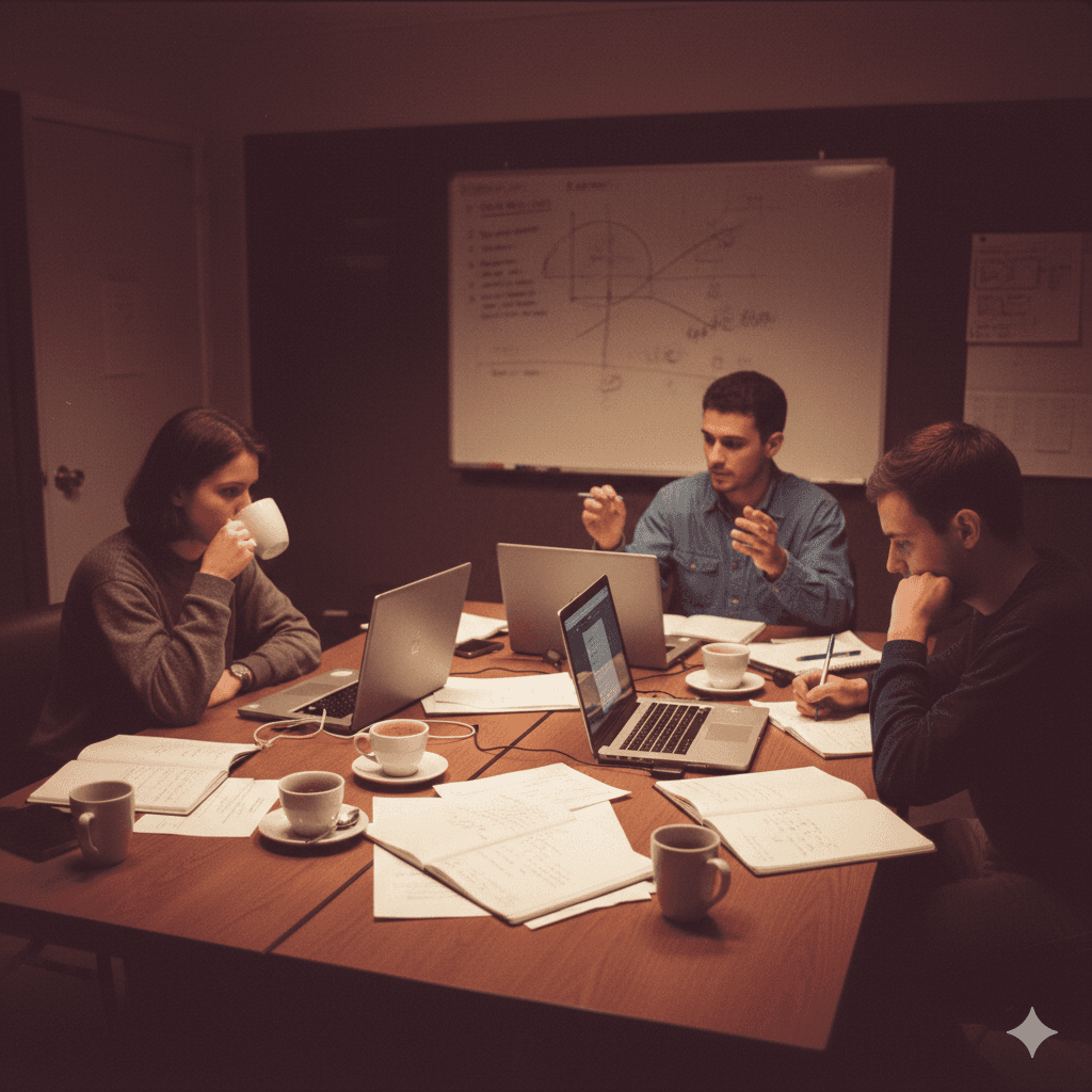 A group of four people engaged in a discussion while seated in a cozy, plant-filled setting.
