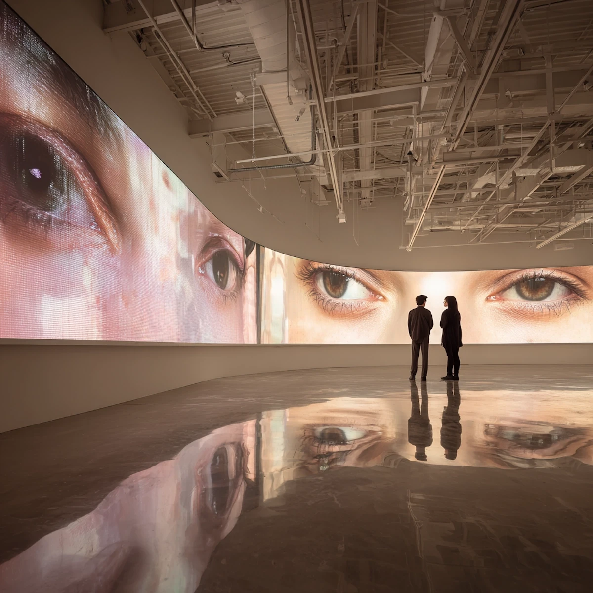 Menschen stehen vor einer riesigen Kunst-LED-Wand