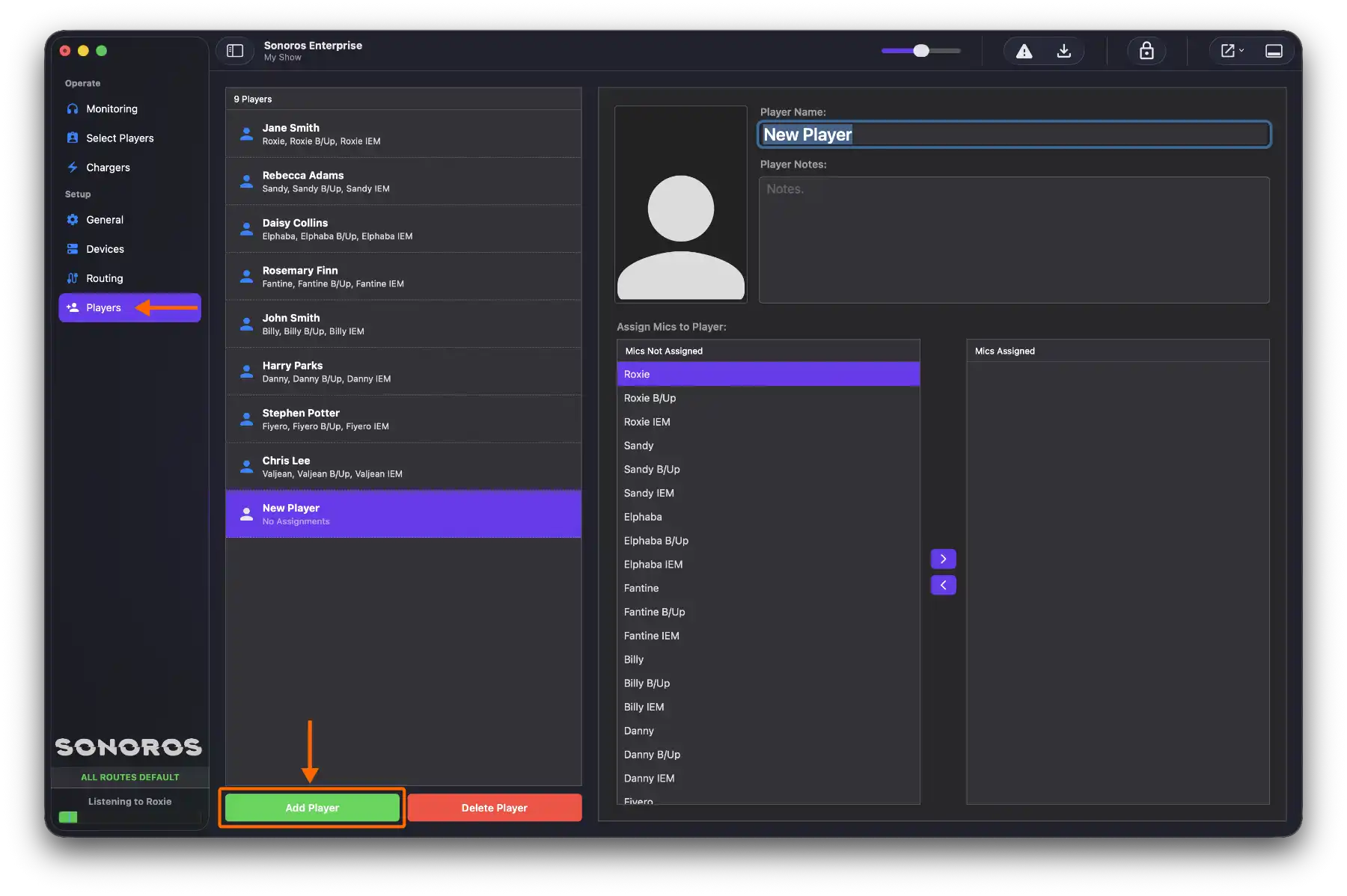 Add a player and make assignments from the setup players view