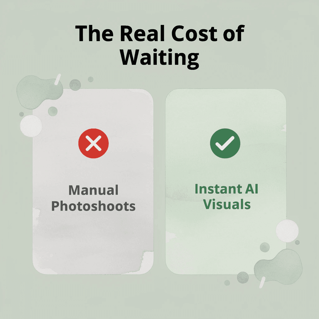 Before and after showing manual photoshoots vs instant AI visuals