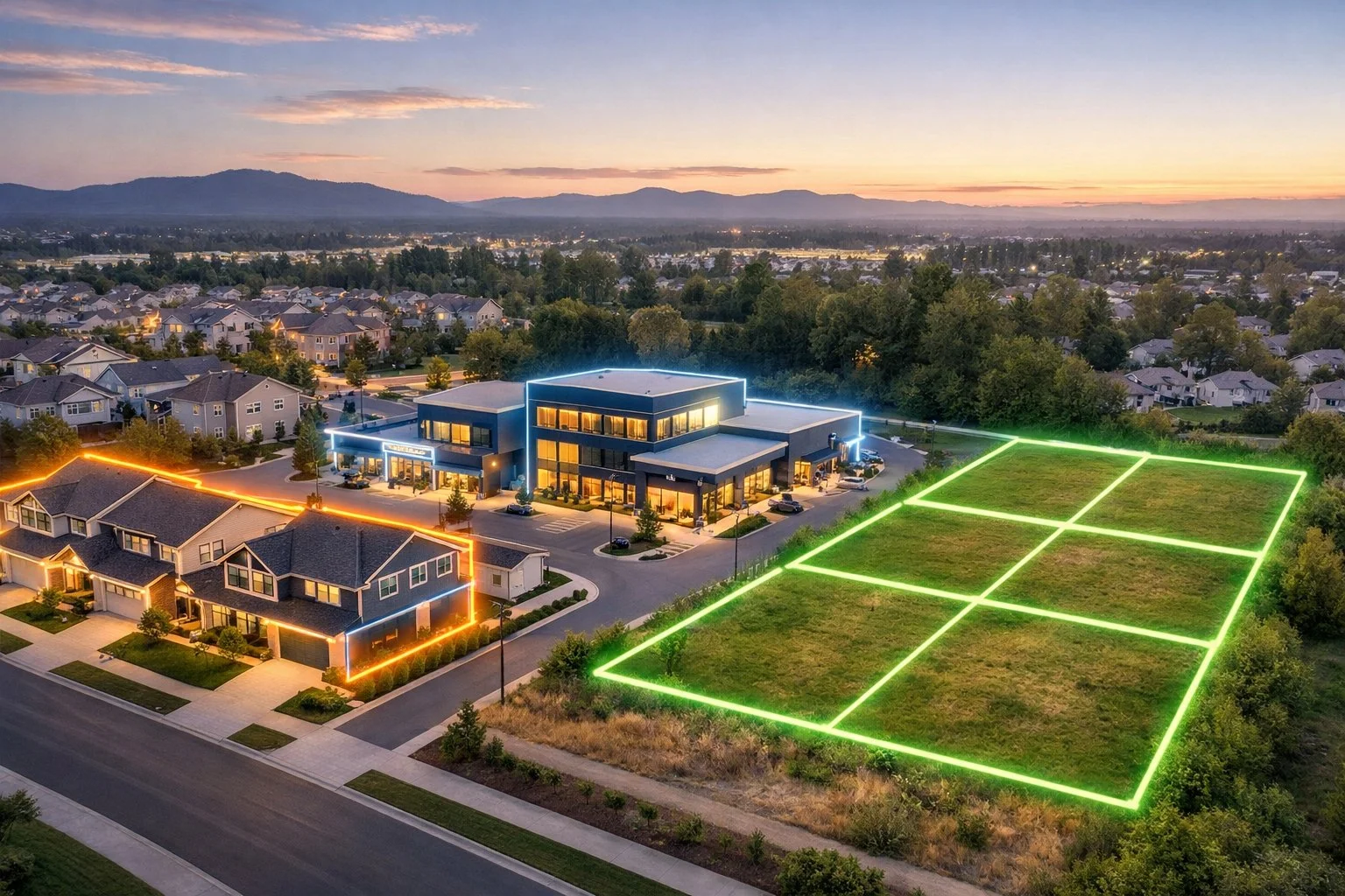 Modern suburban neighborhood with rental homes, commercial buildings, and land plots, highlighted with subtle glowing outlines to show potential investment growth.