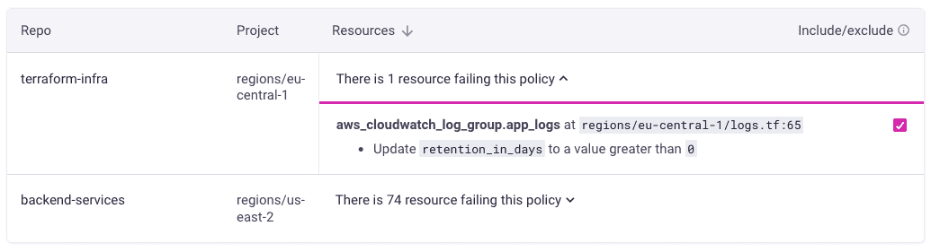 Infracost shows which code repos need to be updated to add CloudWatch retention policies