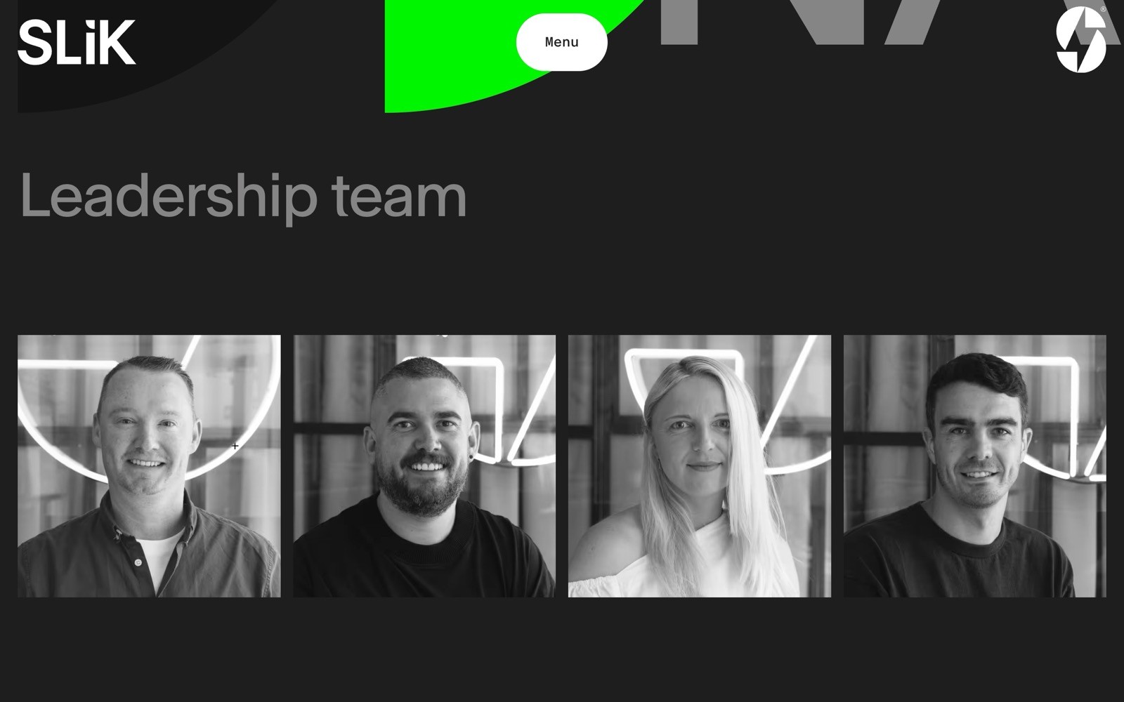 Four portraits of smiling individuals in black and white, titled "Leadership team" with "SLiK" logo in top corners.