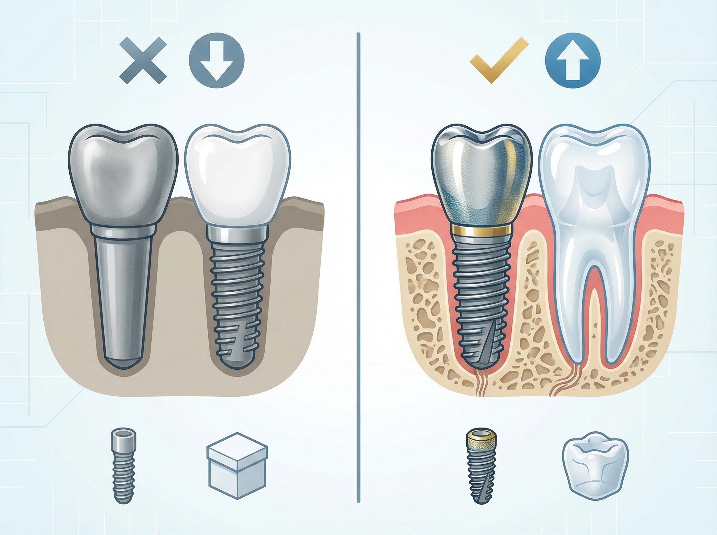 Comparison of budget vs. quality dental implants showing materials, durability, and long-term costs at Smyrna Dental Studio