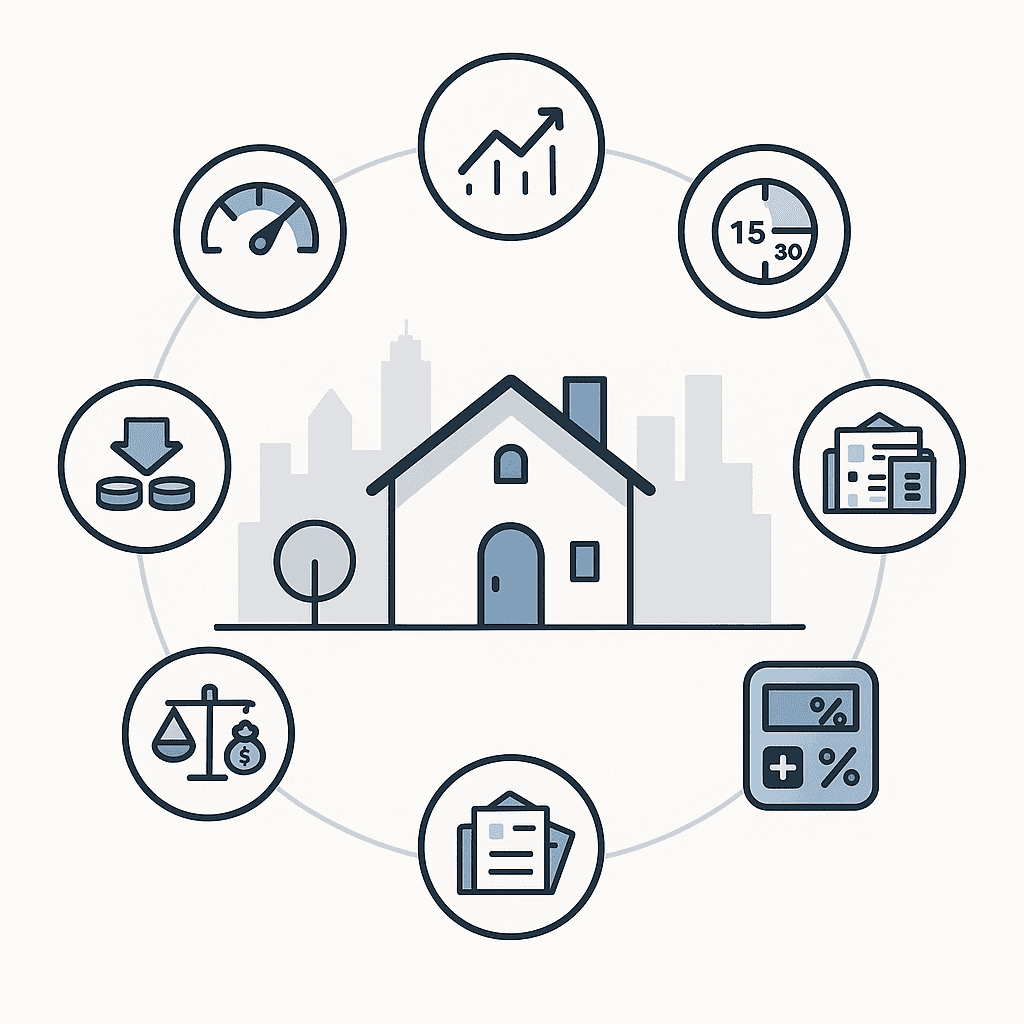 House diagram surrounded by seven icons symbolizing factors that influence Dallas mortgage rates