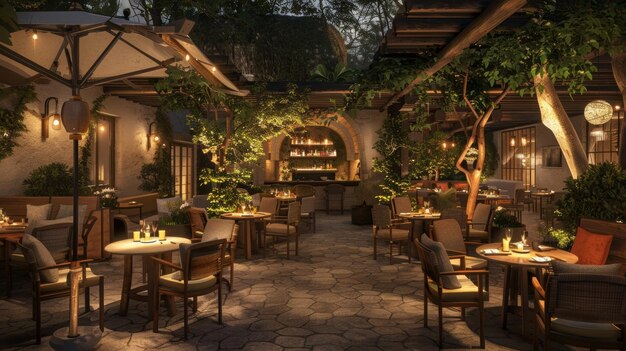 Dhoom’s outdoor dining patio glowing under warm evening lights, reflecting the inviting bar-time ambiance created during the restaurant’s transition from brunch to night.