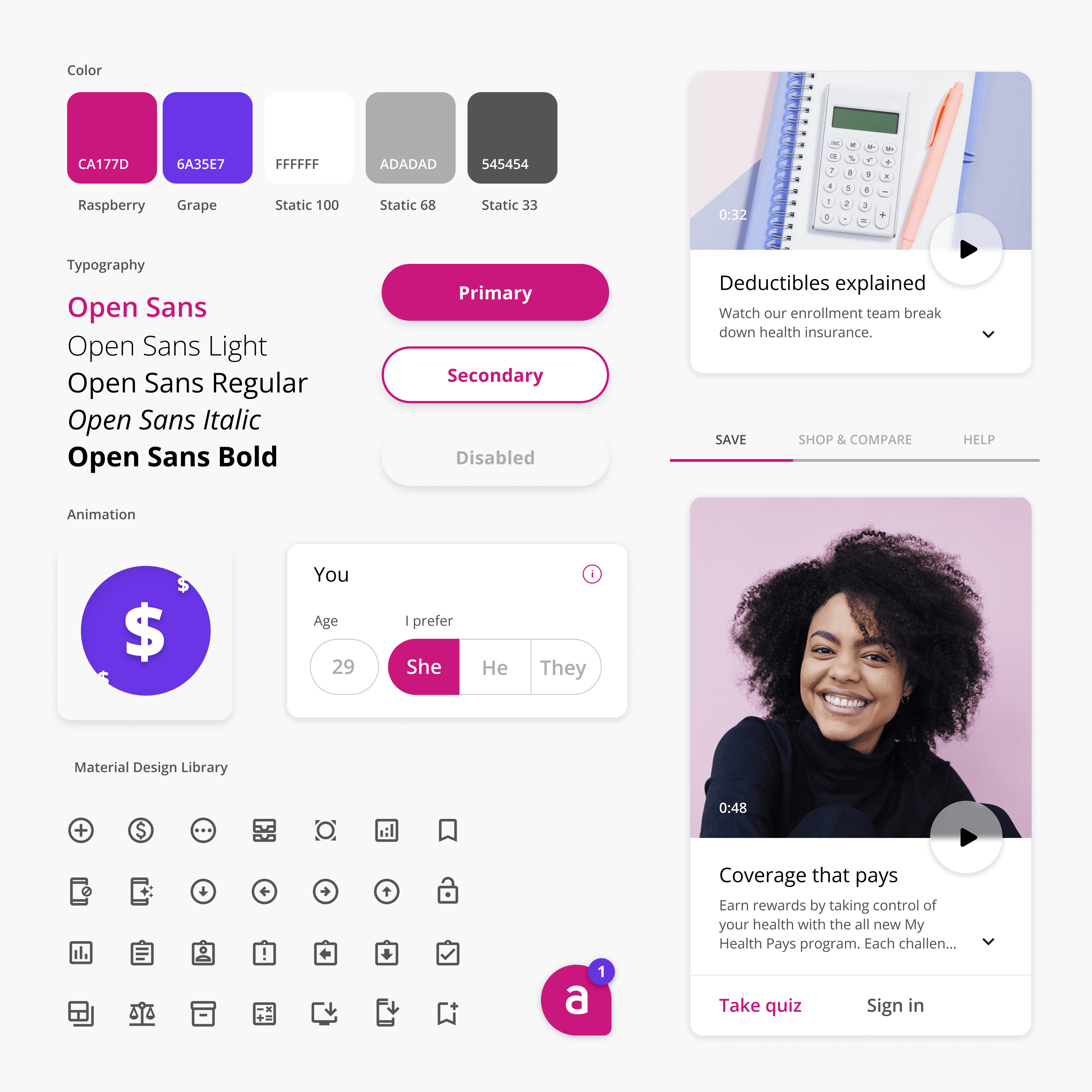 Design system example highlighting UI components, button states, color, iconography, and motion design