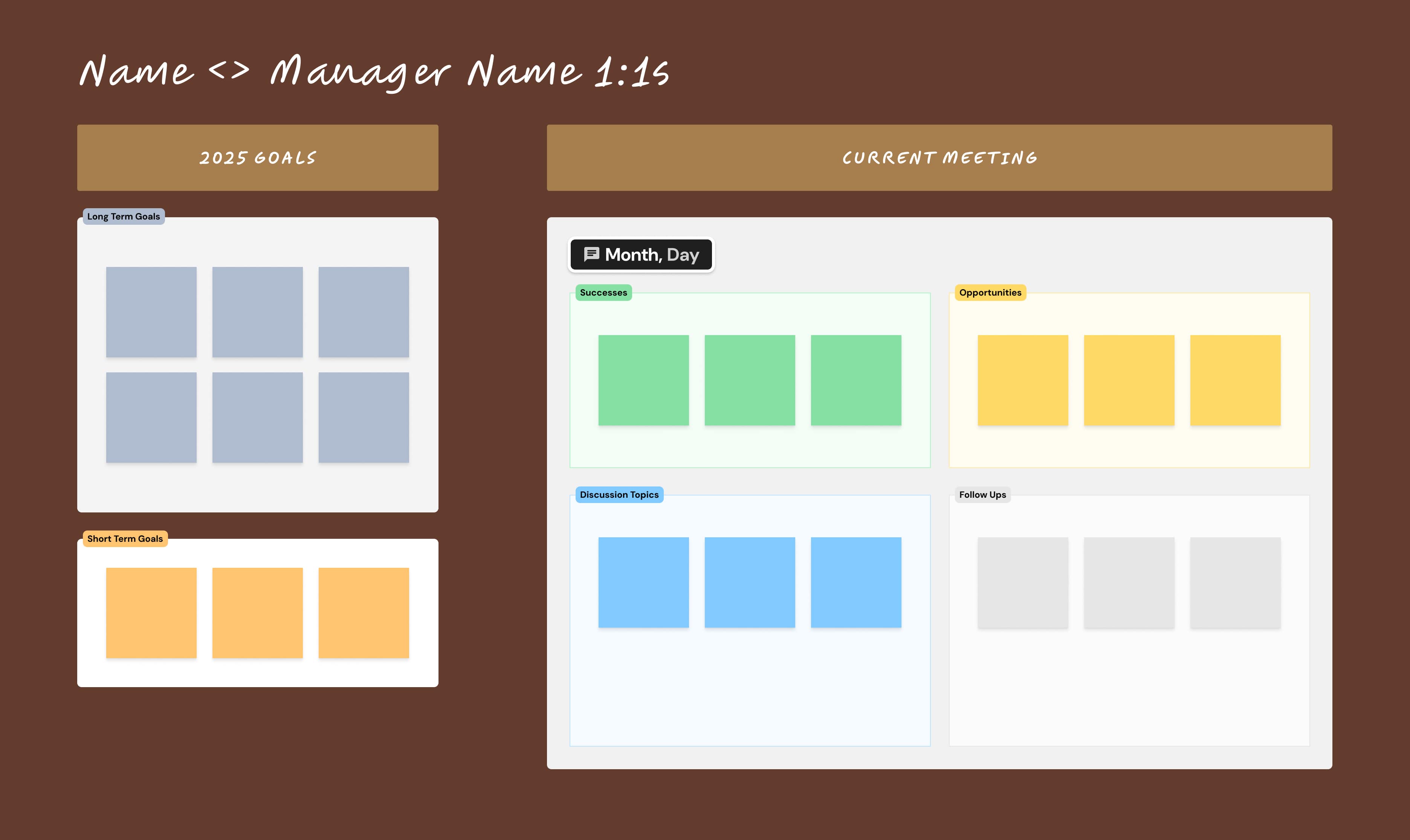 1v1 Template that goes through Successes, Opportunities, Discussion Topics, and Follow Ups