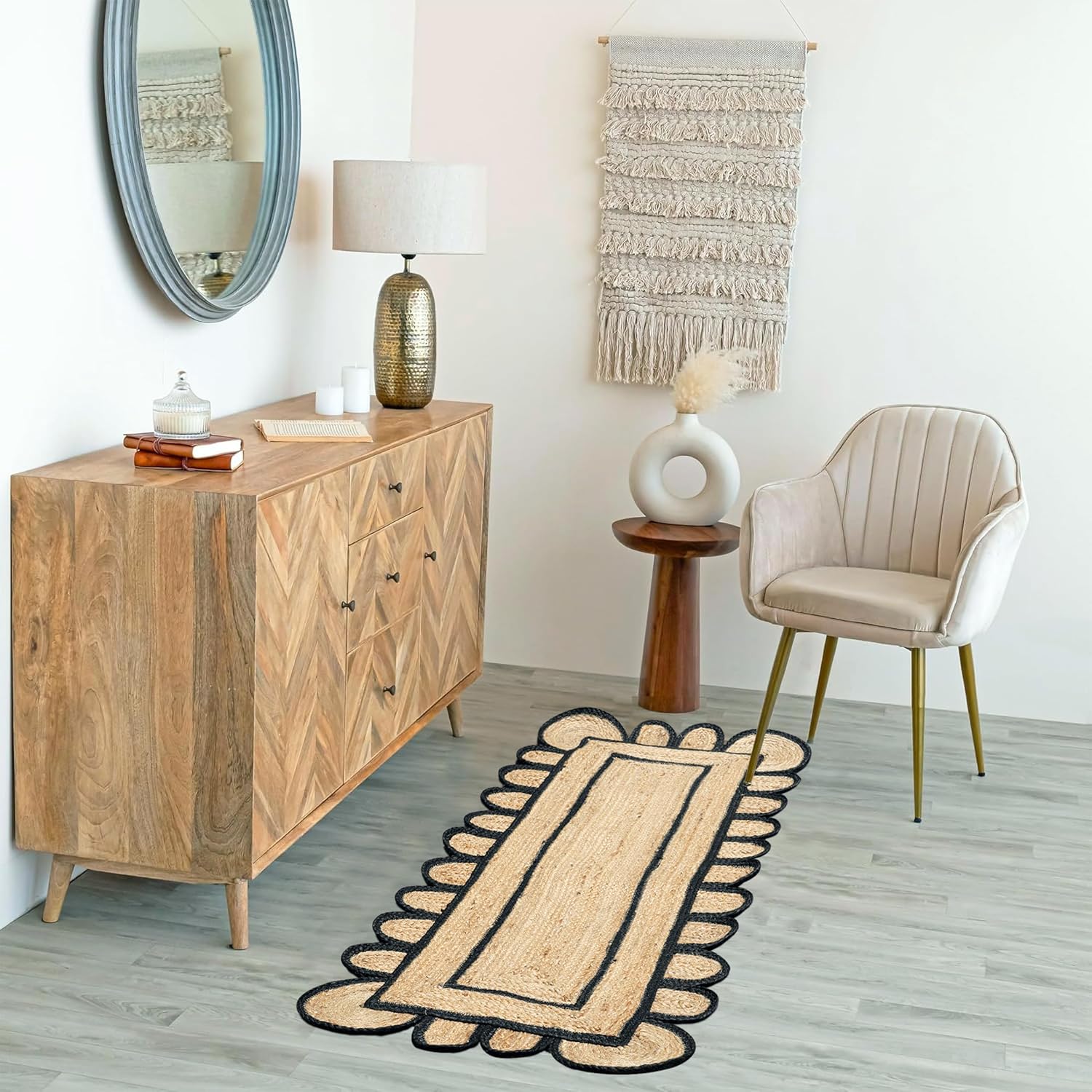 Scalloped runner rug brings elegance and charm to any space.