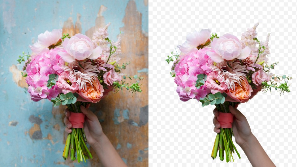 Compare the bouquet before and after background removal with AI