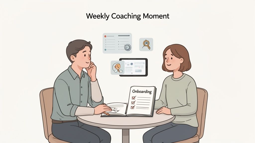 Two people discuss an onboarding document and digital tools during a weekly coaching moment.