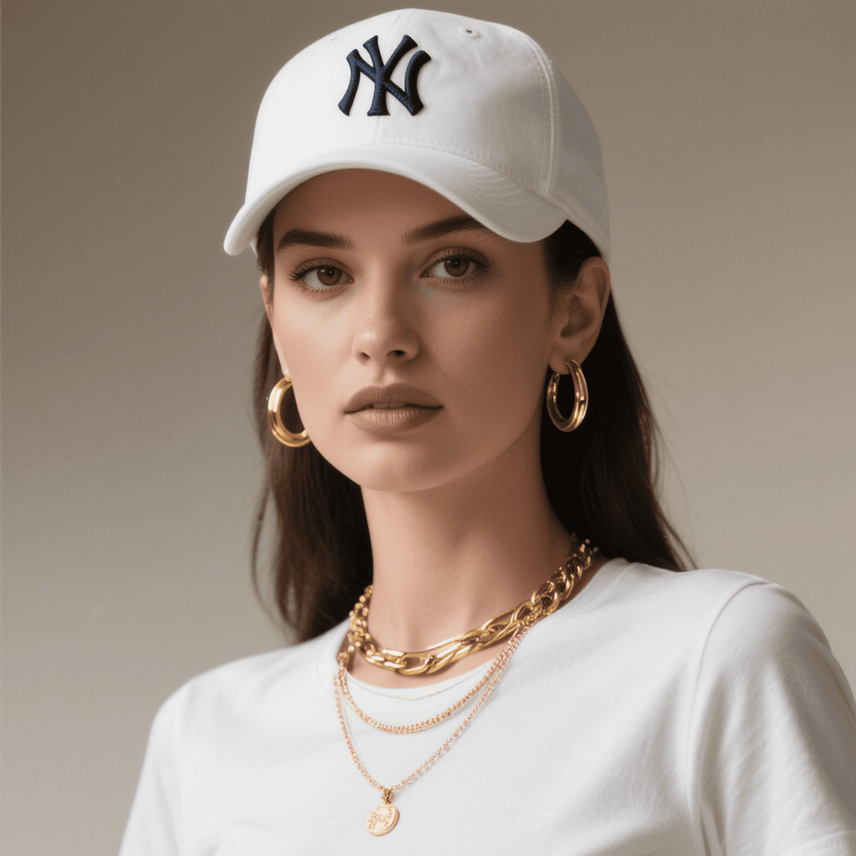 Stylish woman with baseball cap and chains.