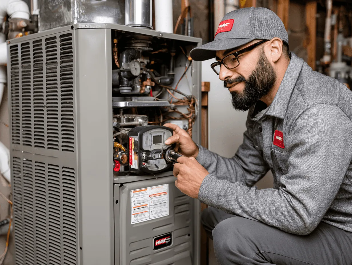 HVAC tech repairing home furnace unit