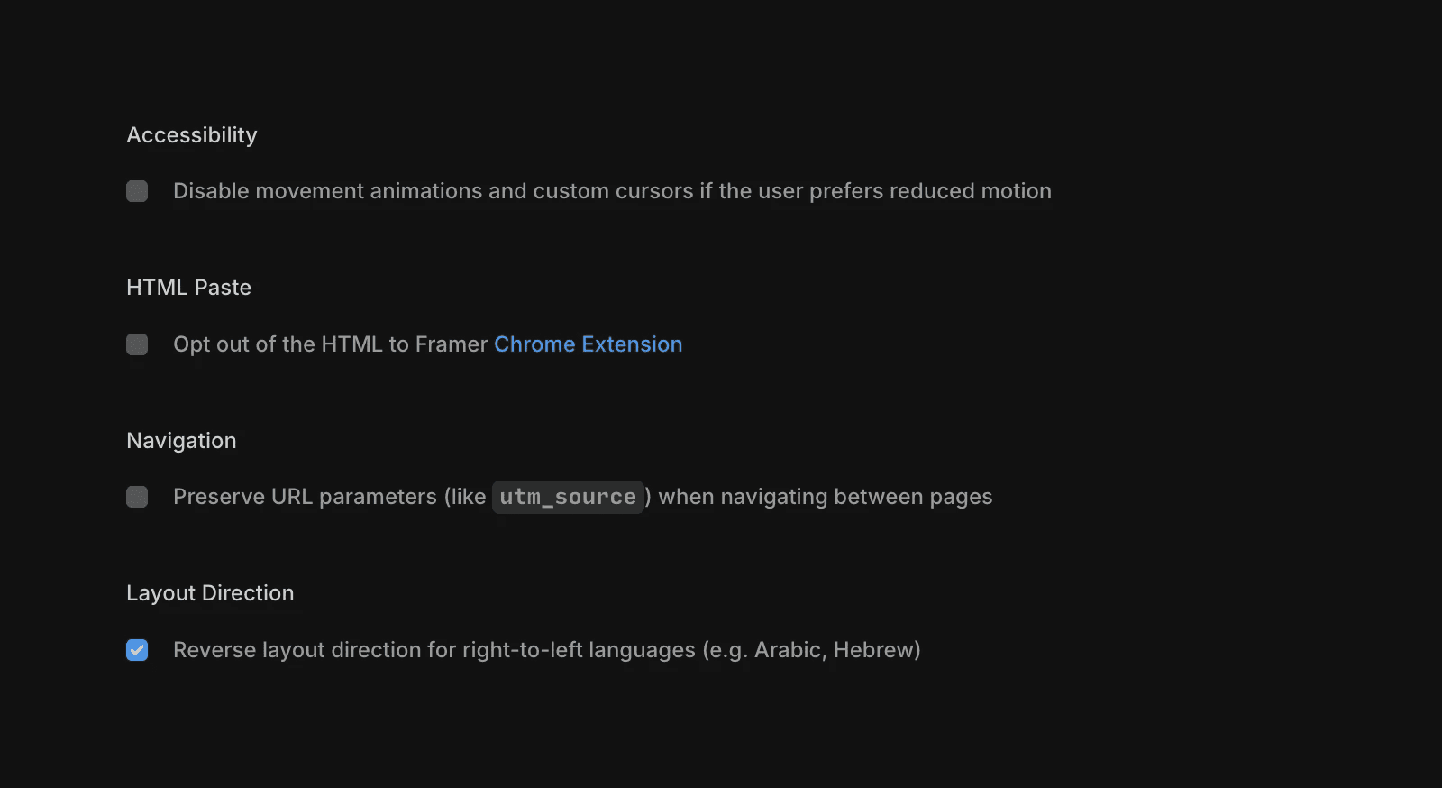 Enable RTL setting in Framer’s Site settings. The “Layout Direction” section shows the option “Reverse layout direction for right-to-left languages (e.g. Arabic, Hebrew)” with its checkbox turned on, below other settings for accessibility, HTML paste, and navigation.