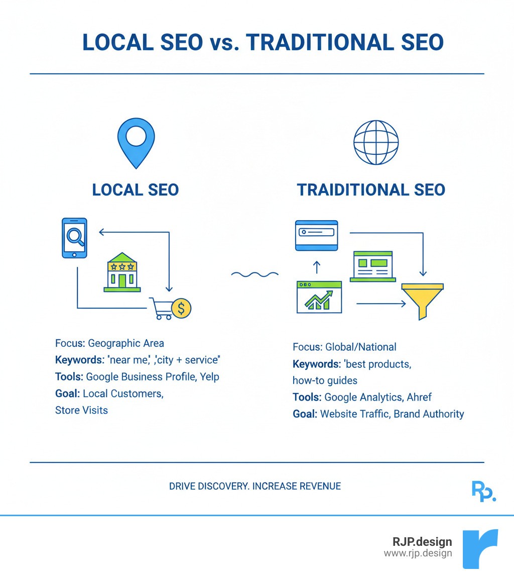 Infographic explaining the difference between Local SEO and Traditional SEO - local search optimisation service infographic 
