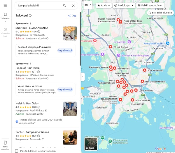 Google Maps hakutulokset