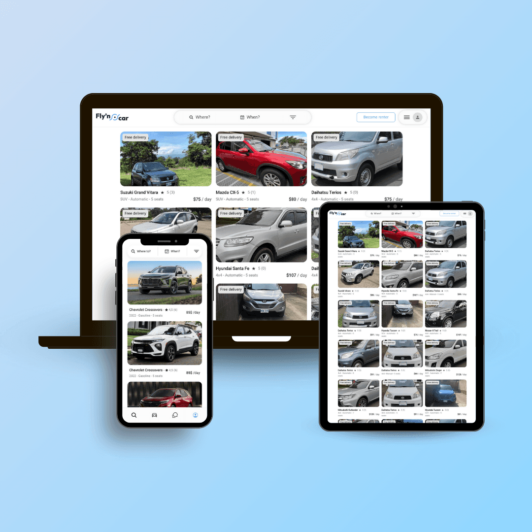 FlynCClickable image linking to a car sharing website case study, displayed on a laptop, tablet, and smartphone.
