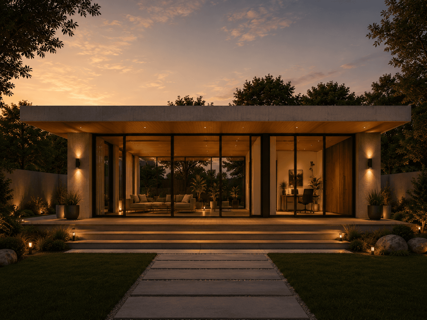 Modern luxury backyard suite with warm ambient lighting, minimalist architecture, floor-to-ceiling glass, and landscaped outdoor space by UR-SPACE in Calgary.